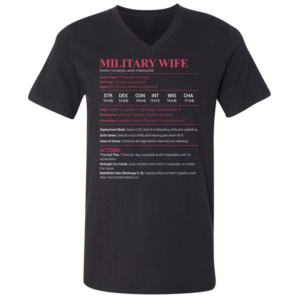 Military Wife Stats Unisex V-Neck T-Shirt - Black - 1