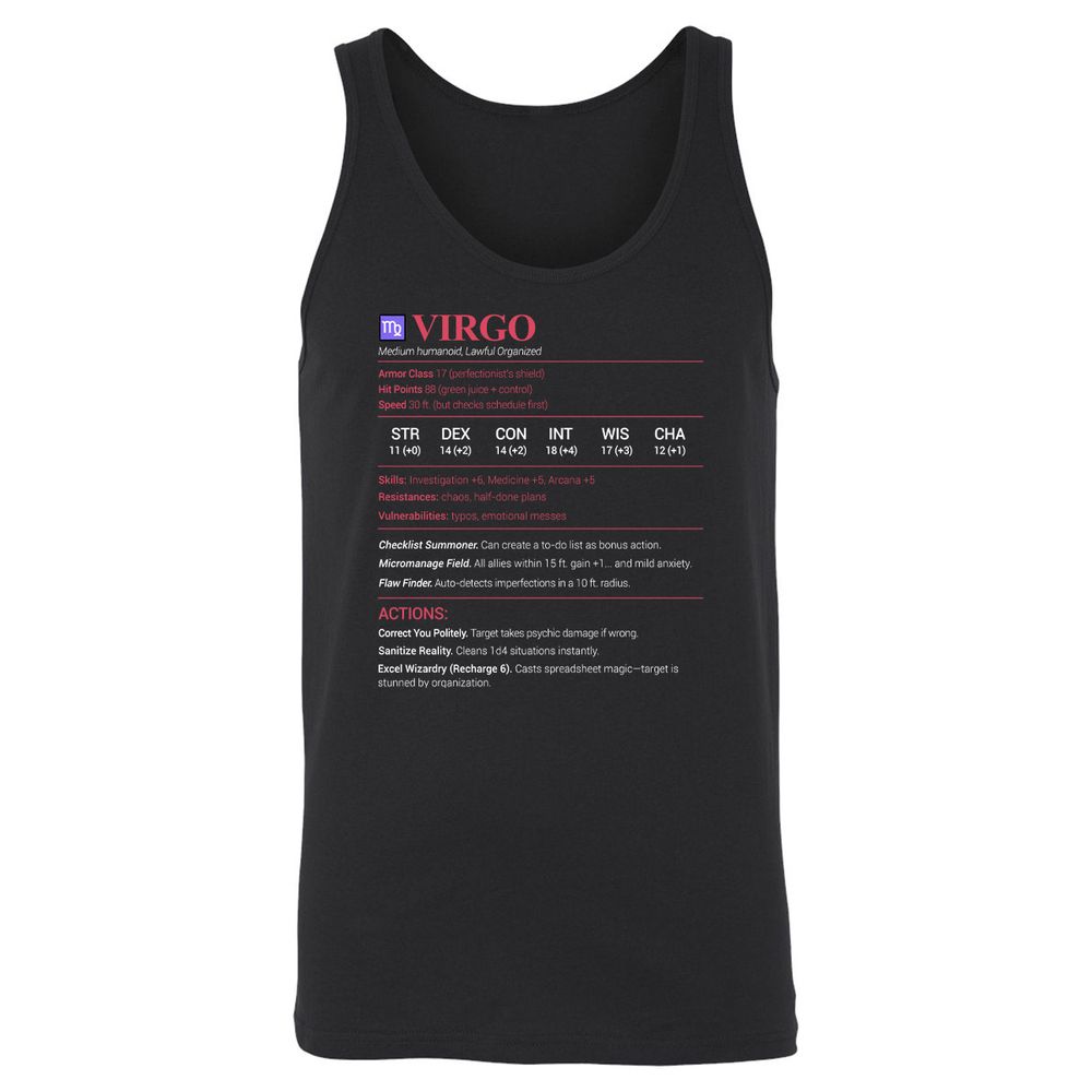 Virgo Stats Unisex Jersey Tank - Black - 1