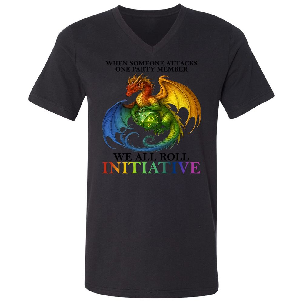 Dragon We All Roll For Initiative Unisex V-Neck T-Shirt - Black - 1