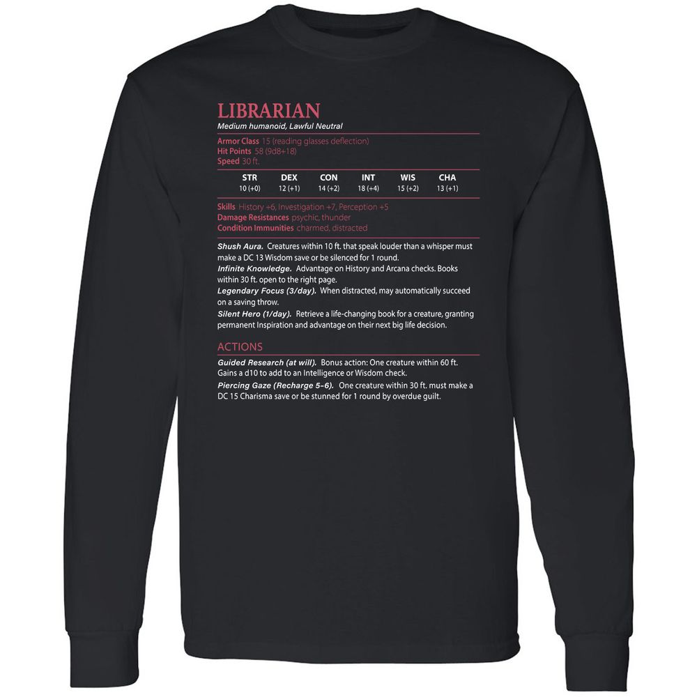 Librarian Stats Long Sleeve T-Shirt - Black - 1