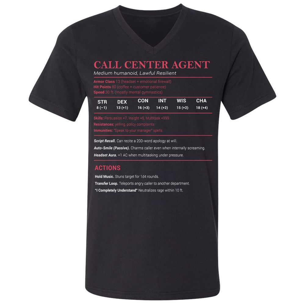 Call Center Agent Stats Unisex V-Neck T-Shirt - Black - 1