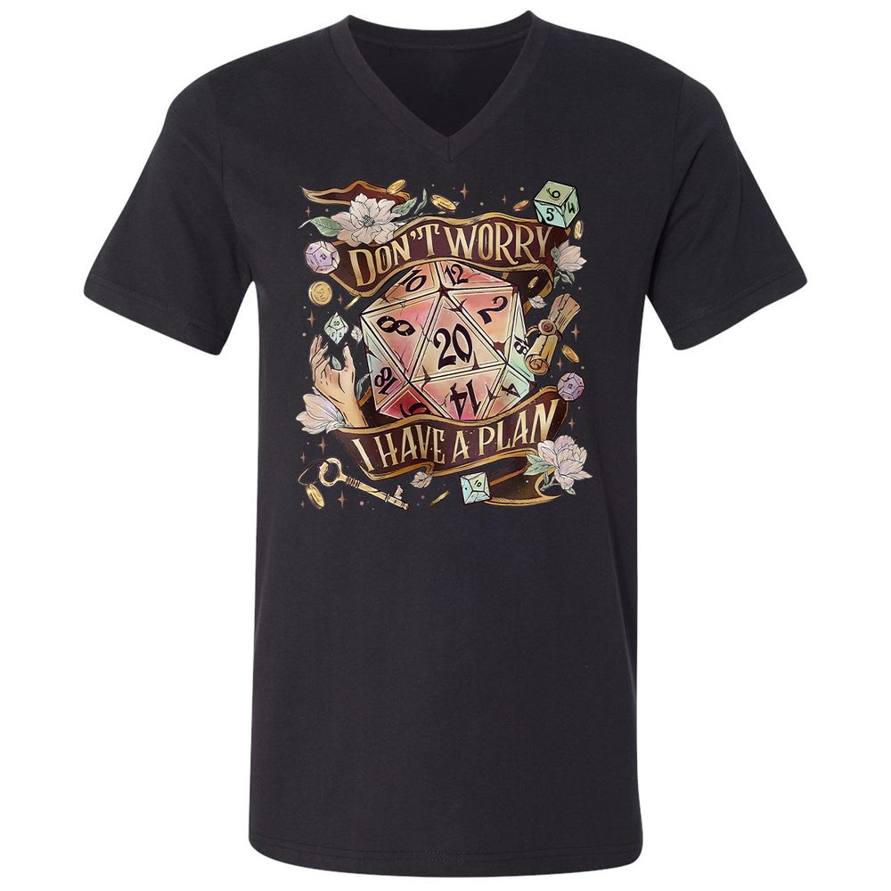 Floral Don't Worry I Have A Plan Unisex V-Neck T-Shirt - Black - 1