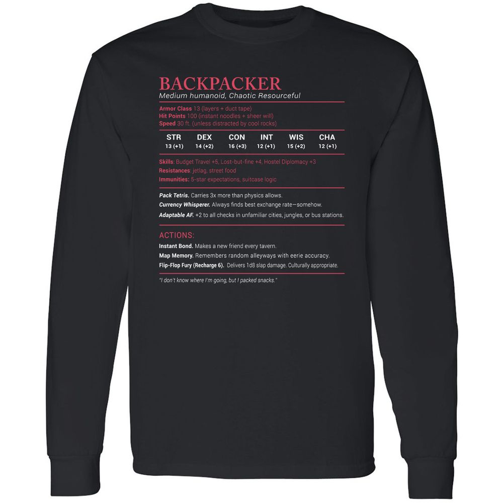 Backpacker Stats Long Sleeve T-Shirt - Black - 1