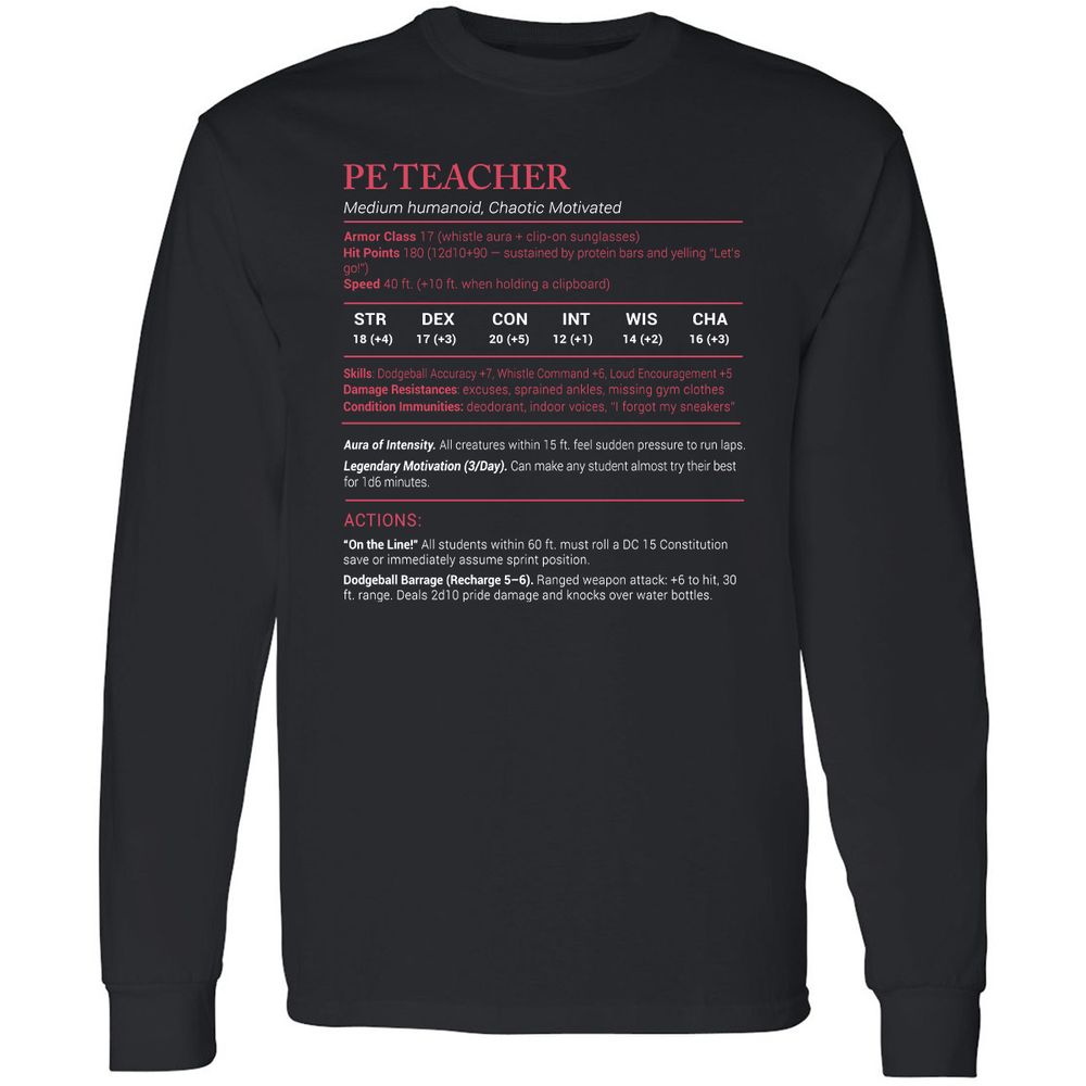 PE Teacher Stats Long Sleeve T-Shirt - Black - 1