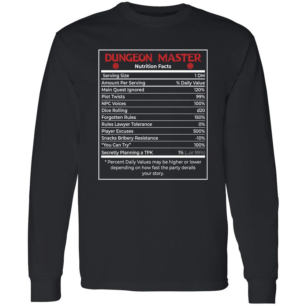 Dungeon Master Nutrition Facts Long Sleeve T-Shirt - Black - 1