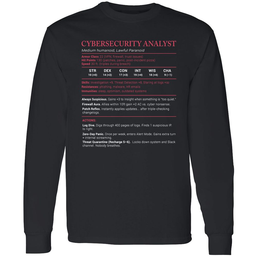 Cybersecurity Analyst Stats Long Sleeve T-Shirt - Black - 1
