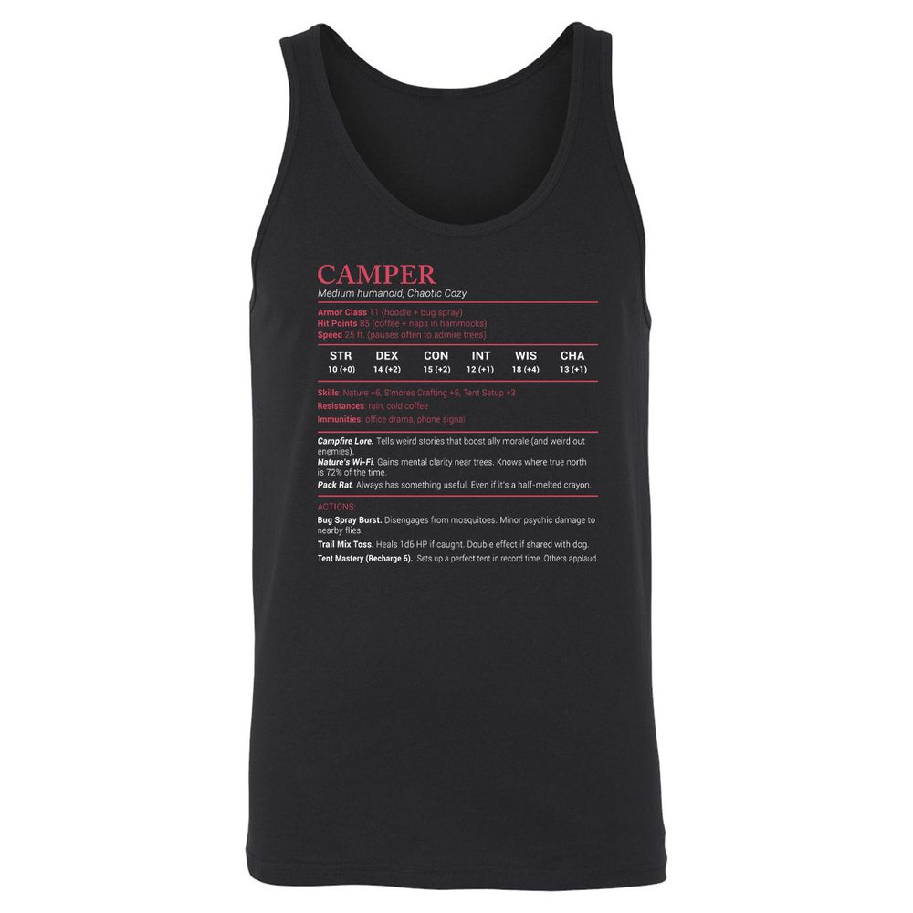 Camper Stats Unisex Jersey Tank - Black - 1