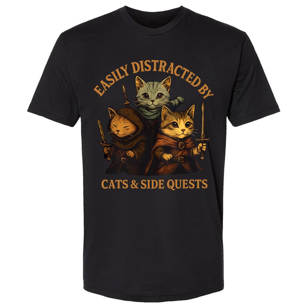 Easily Distracted By Cats & Side Quests Premium Unisex T-Shirt - Black - 1