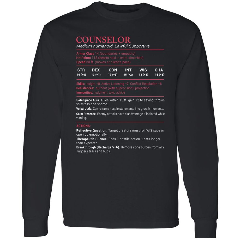 Counselor Stats Long Sleeve T-Shirt - Black - 1