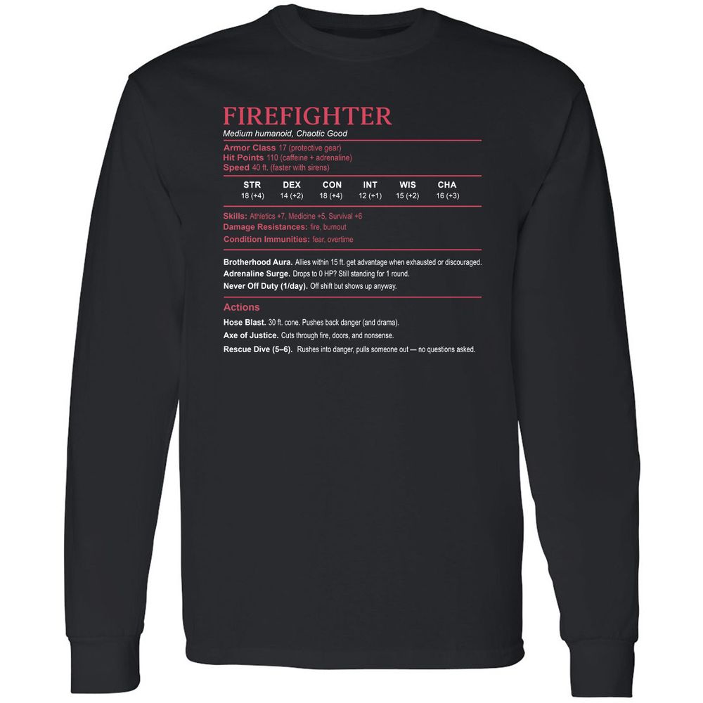 Firefighter Stats Long Sleeve T-Shirt - Black - 1