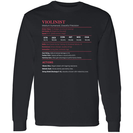 Violinist Stats Long Sleeve T-Shirt - Black - 1