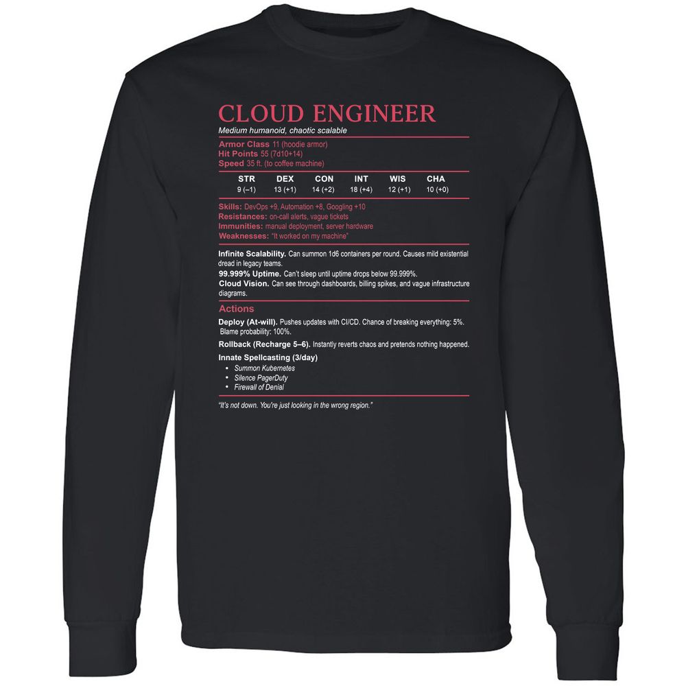 Cloud Engineer Stats Long Sleeve T-Shirt - Black - 1