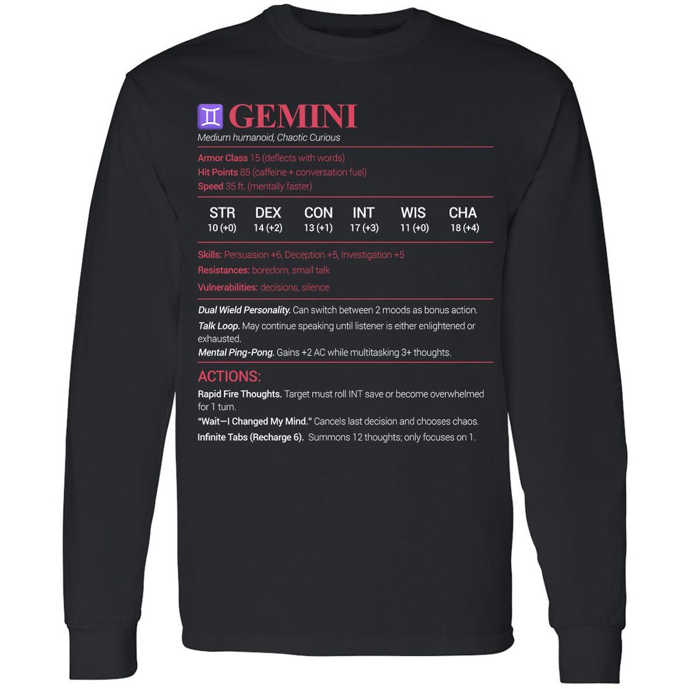 Gemini Stats Long Sleeve T-Shirt - Black - 1