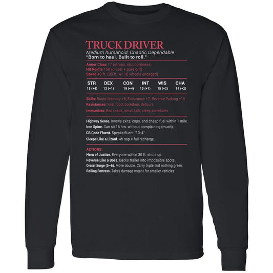 Truck Driver Stats Long Sleeve T-Shirt - Black - 1