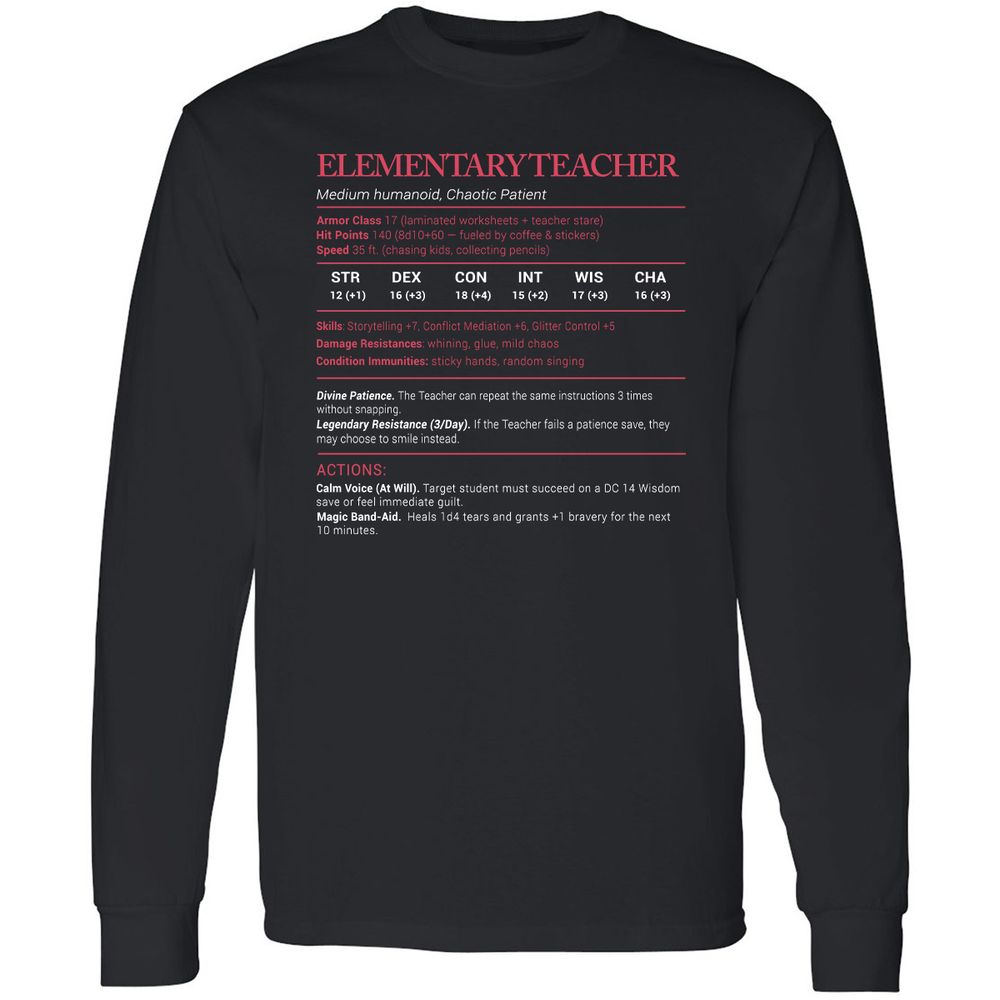 Elementary Teacher Stats Long Sleeve T-Shirt - Black - 1