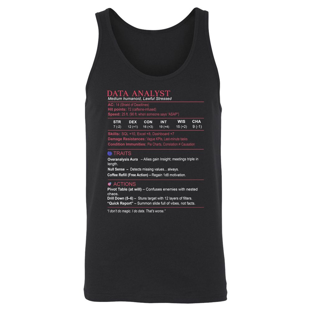 Data Analyst Stats Unisex Jersey Tank - Black - 1