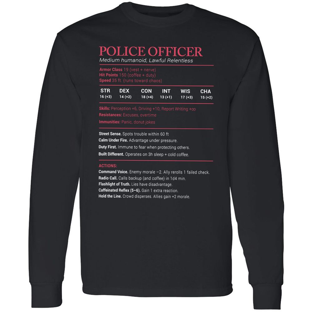 Police Officer Stats Long Sleeve T-Shirt - Black - 1