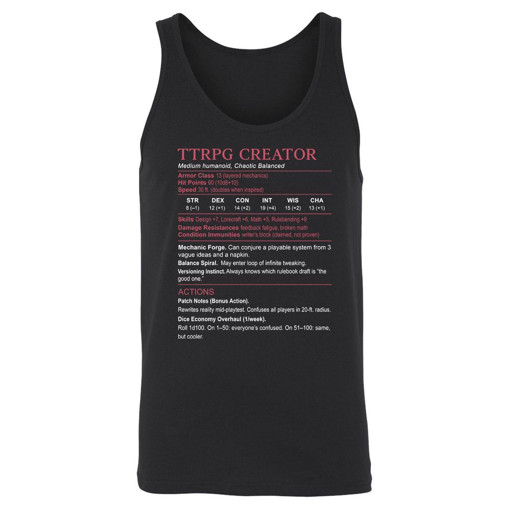 TTRPG Creator Stats Unisex Jersey Tank - Black - 1