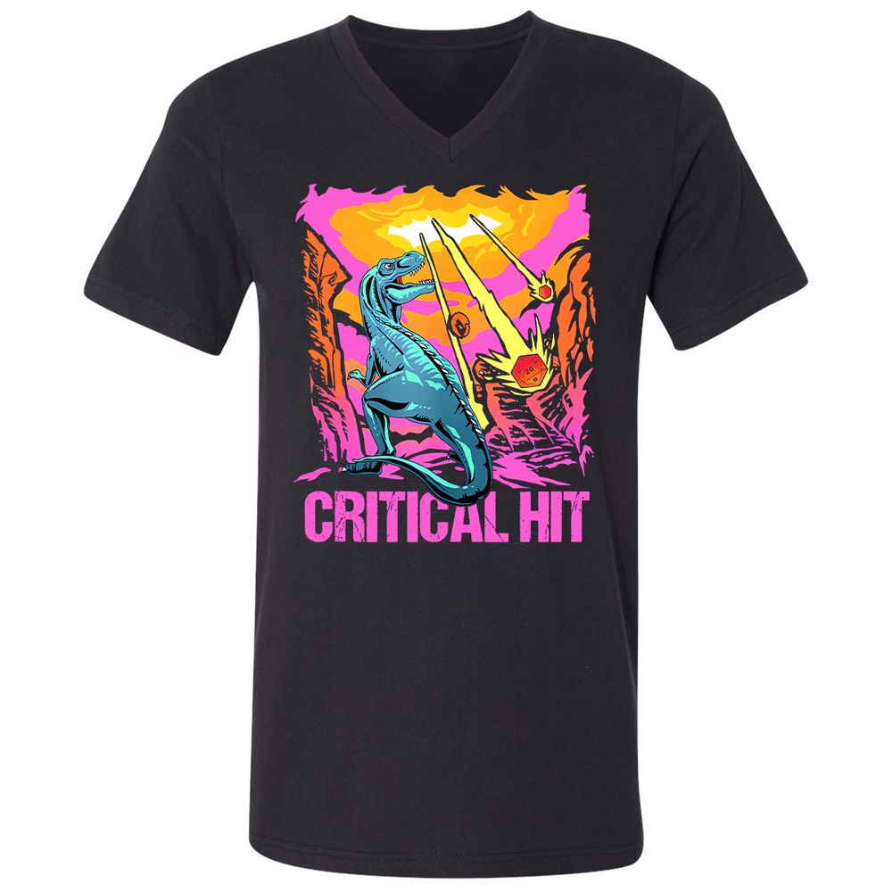 Dinosaur Critical Hit Unisex V-Neck T-Shirt - Black - 1