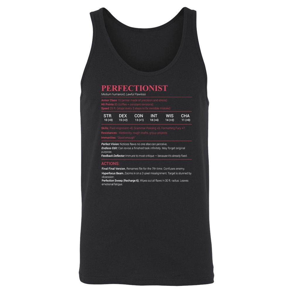 Perfectionist Stats Unisex Jersey Tank - Black - 1