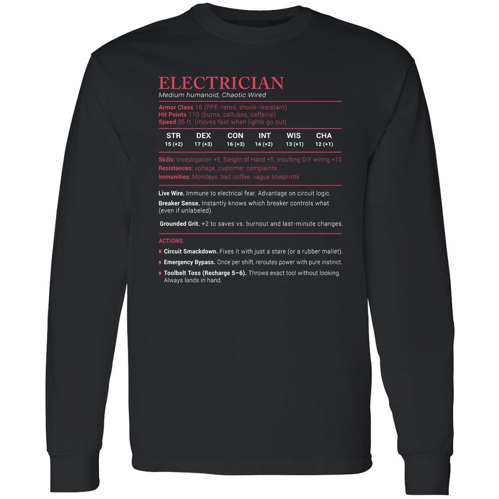 Electrician Stats Long Sleeve T-Shirt - Black - 1
