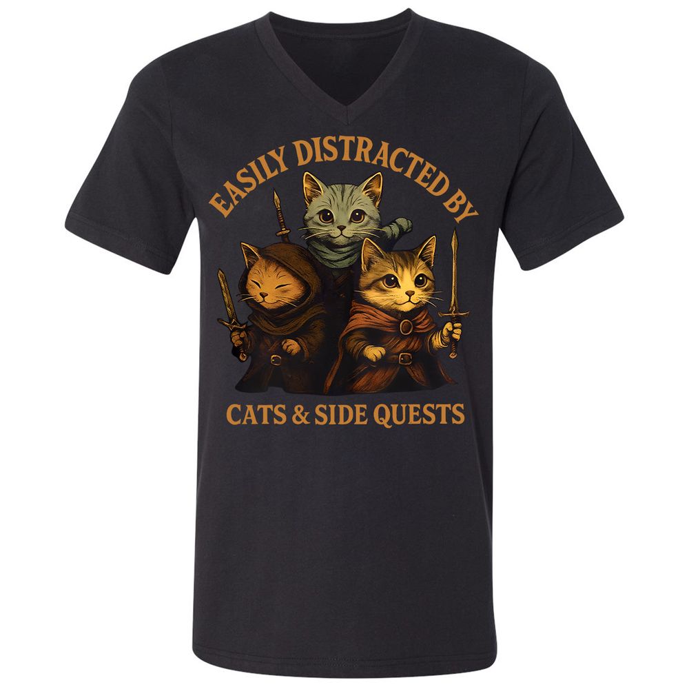 Easily Distracted By Cats & Side Quests Unisex V-Neck T-Shirt - Black - 1