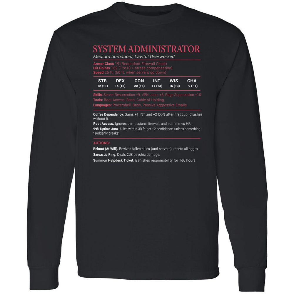 System Administrator Stats Long Sleeve T-Shirt - Black - 1