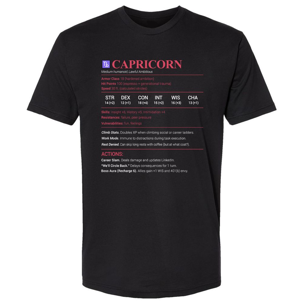 Capricorn Stats Premium Unisex T-Shirt - Black - 1
