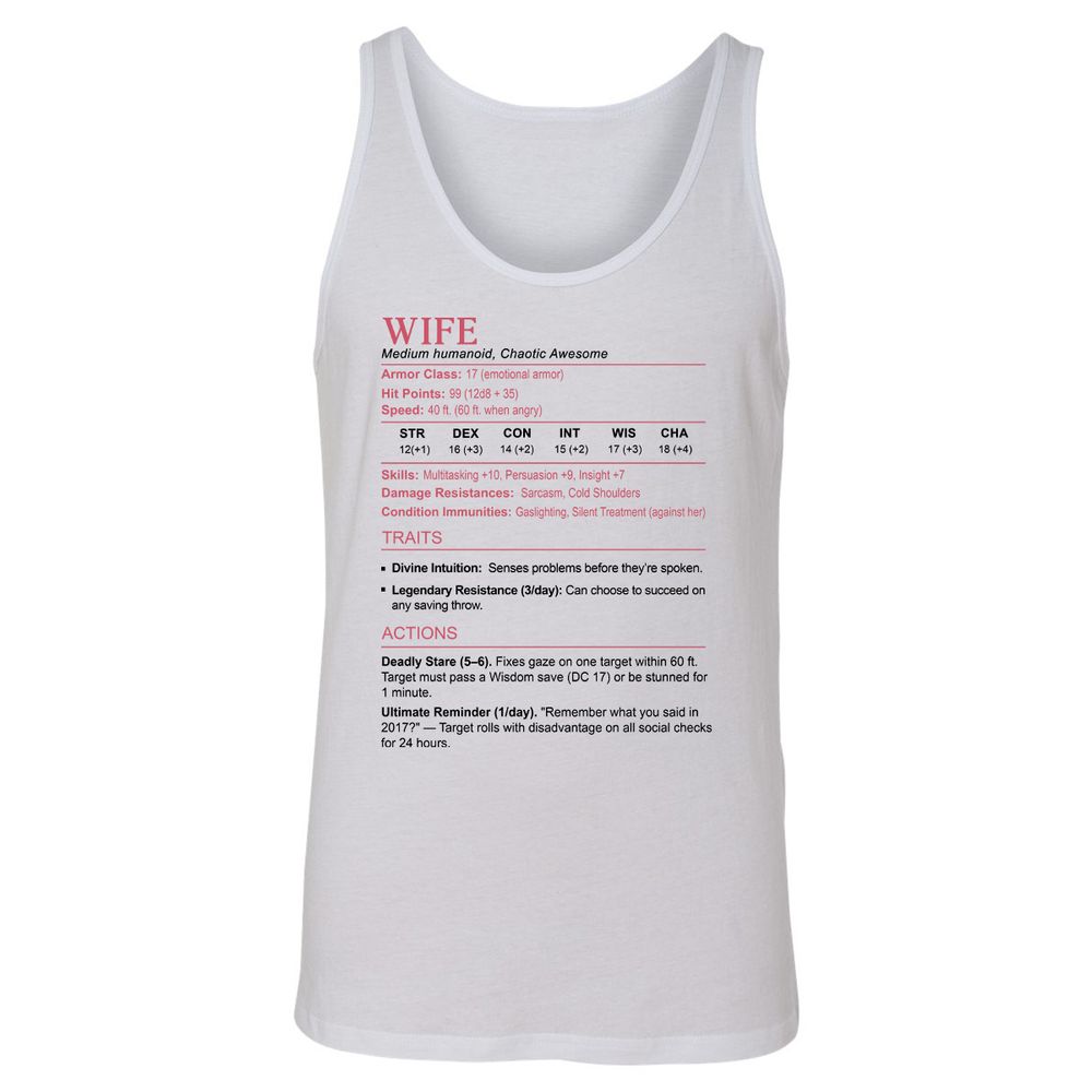 Wife Stats 2 Unisex Jersey Tank - White - 1