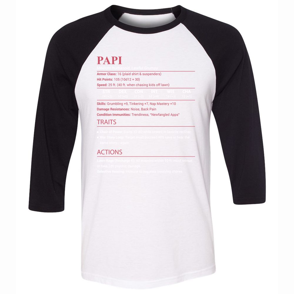 Papi Stats Unisex 3/4 Baseball Tee - White/Black - 1