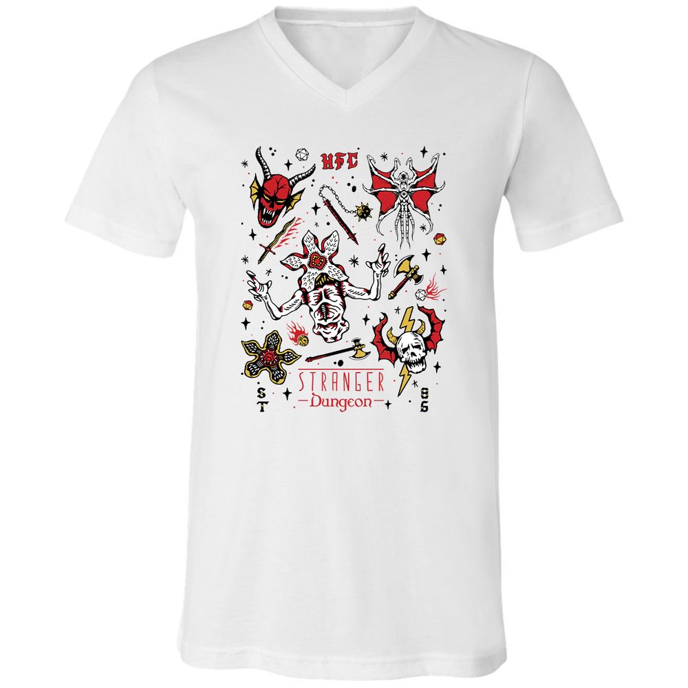 STRANGER DUNGEON Unisex V-Neck T-Shirt - White - 1