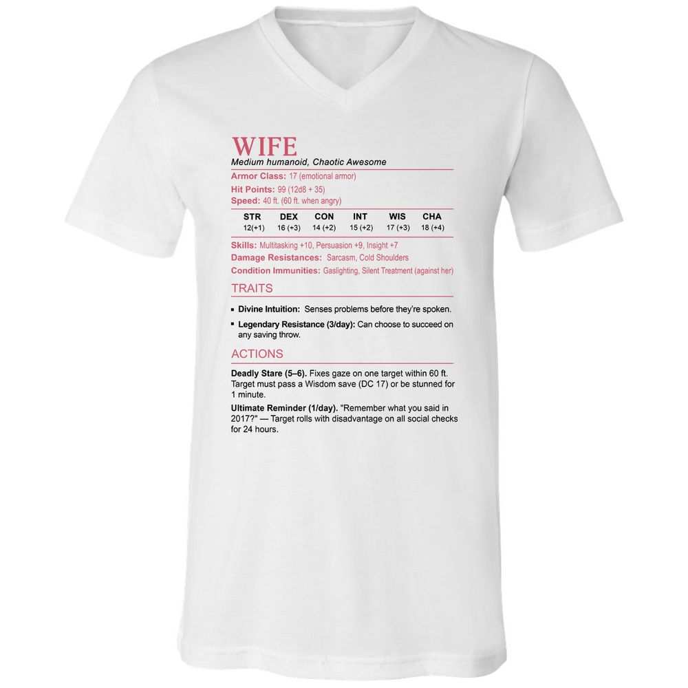 Wife Stats 2 Unisex V-Neck T-Shirt - White - 1