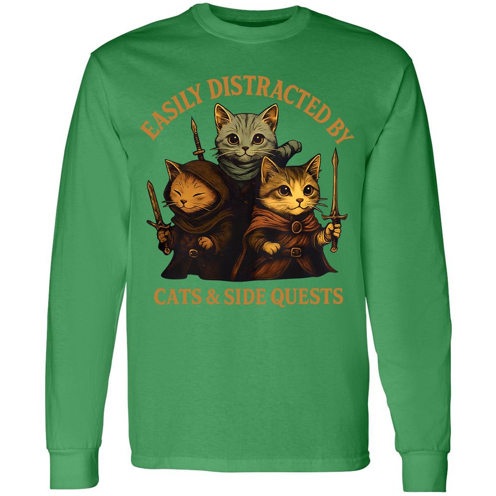 Easily Distracted By Cats & Side Quests Long Sleeve T-Shirt - Irish Green - 10