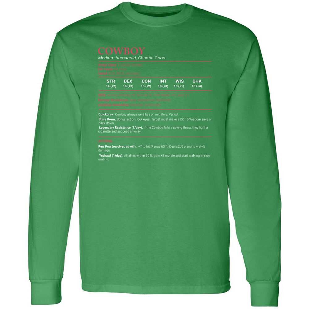 Cowboy Stats Long Sleeve T-Shirt - Irish Green - 10