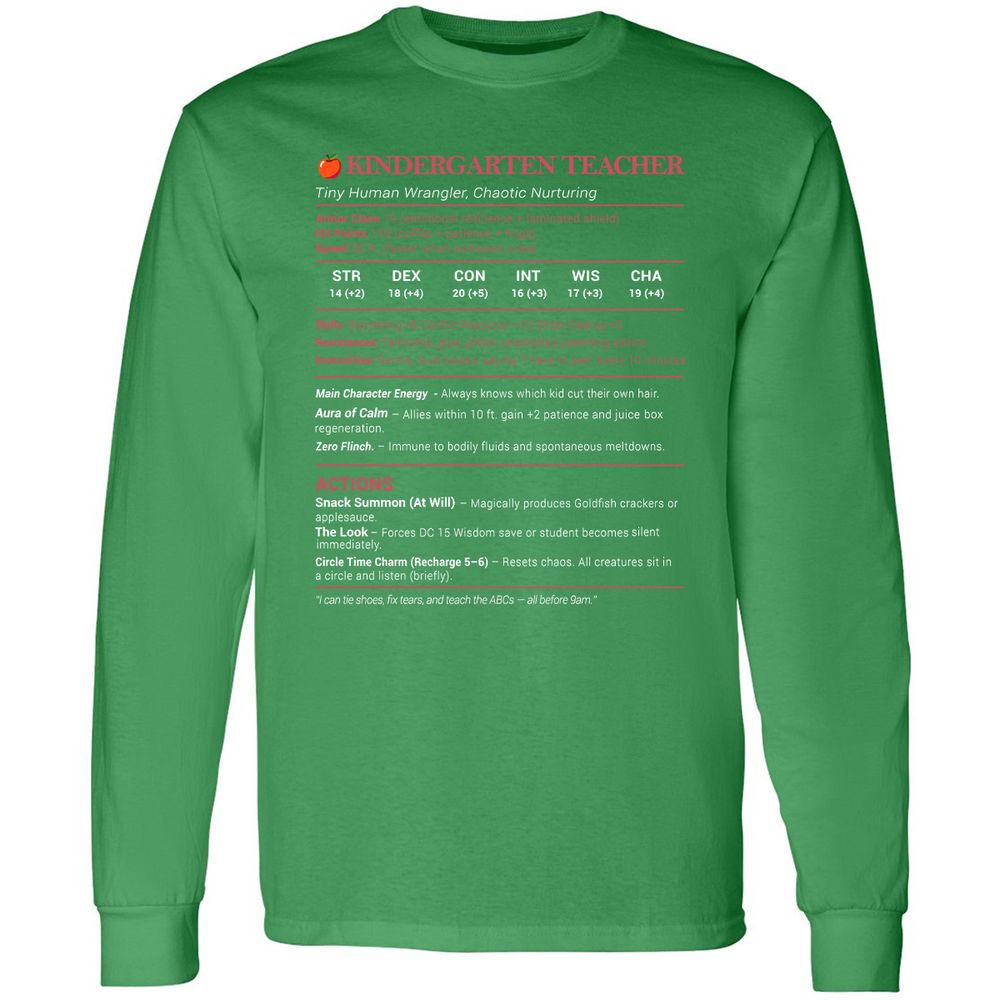 Kindergarten Teacher Stats Long Sleeve T-Shirt - Irish Green - 10