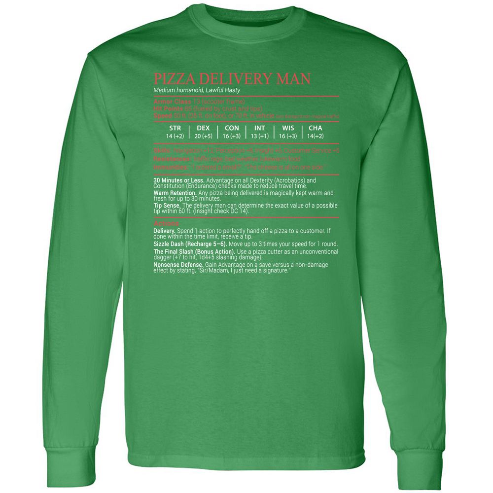 Pizza Delivery Man Stats Block Long Sleeve T-Shirt - Irish Green - 10