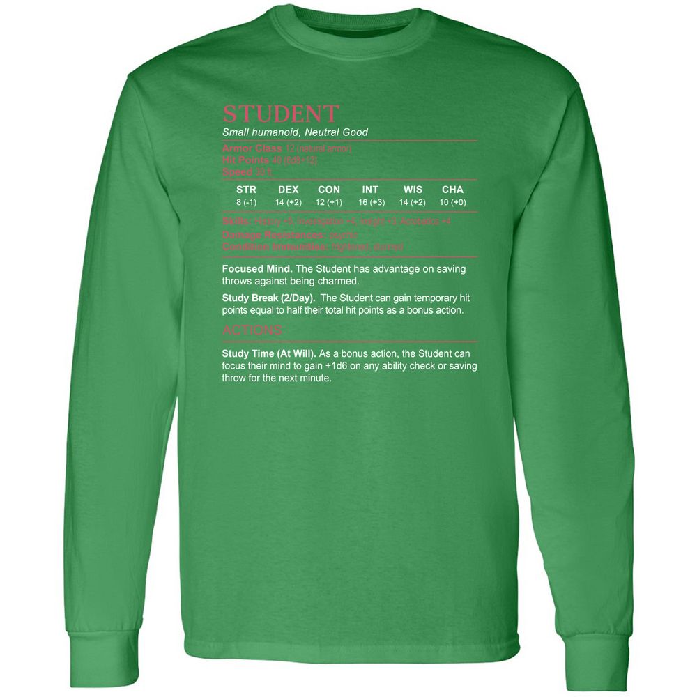 Student Stats Long Sleeve T-Shirt - Irish Green - 10