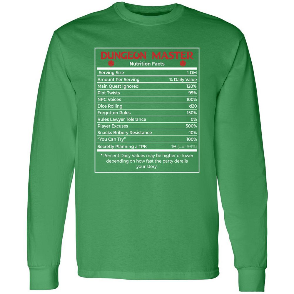 Dungeon Master Nutrition Facts Long Sleeve T-Shirt - Irish Green - 10