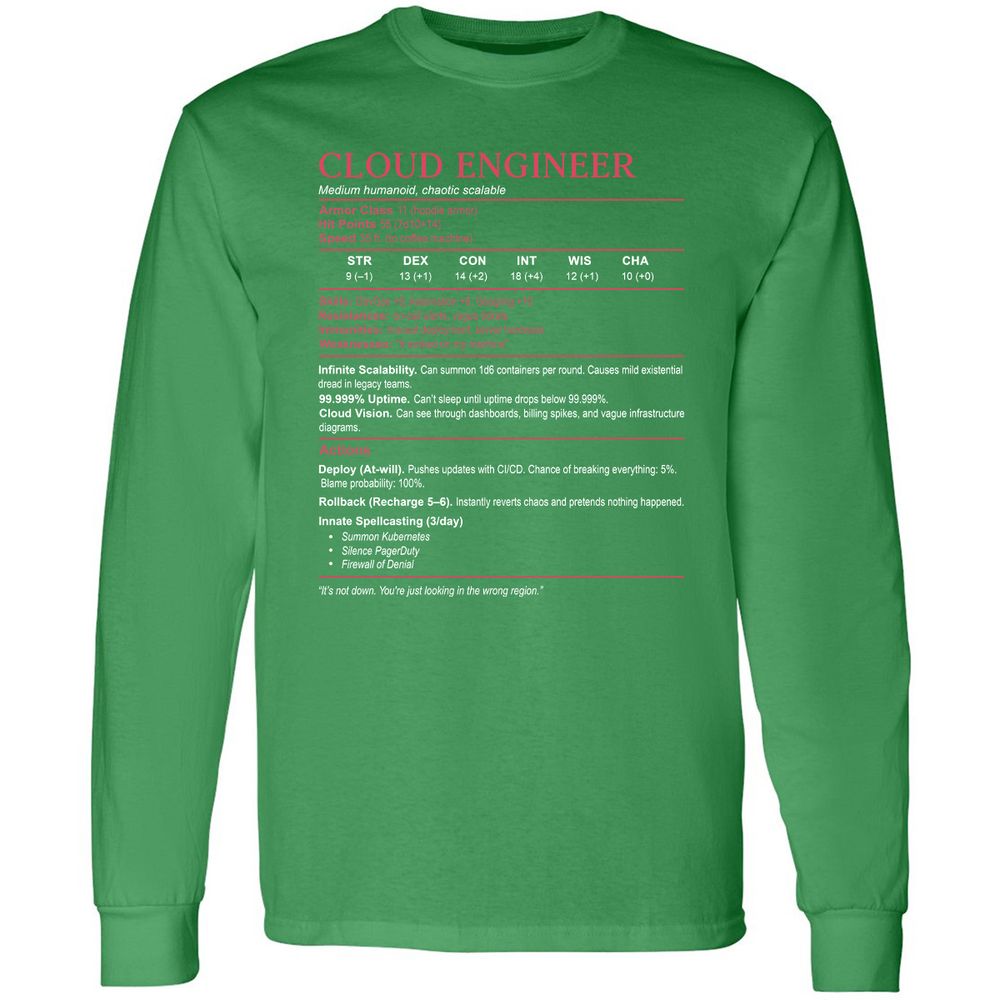 Cloud Engineer Stats Long Sleeve T-Shirt - Irish Green - 10