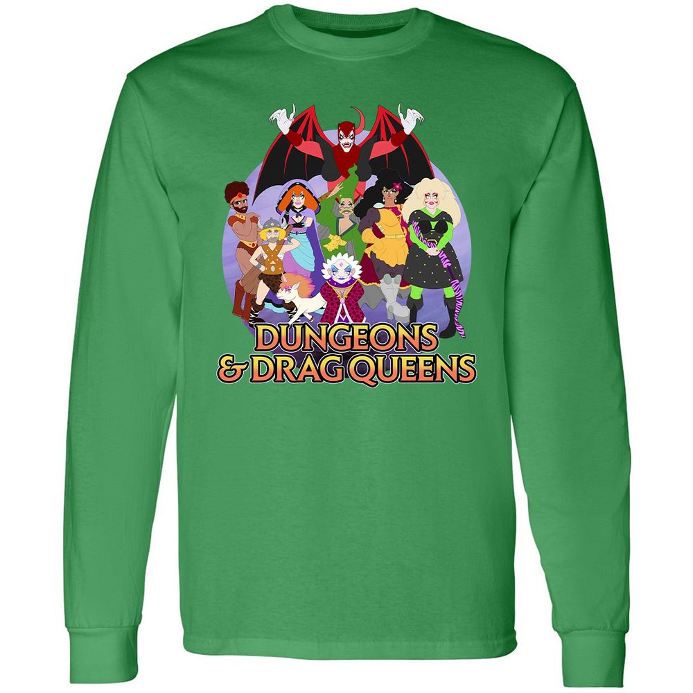 Dungeons n Drag Queens Cartoon Long Sleeve T-Shirt - Irish Green - 10