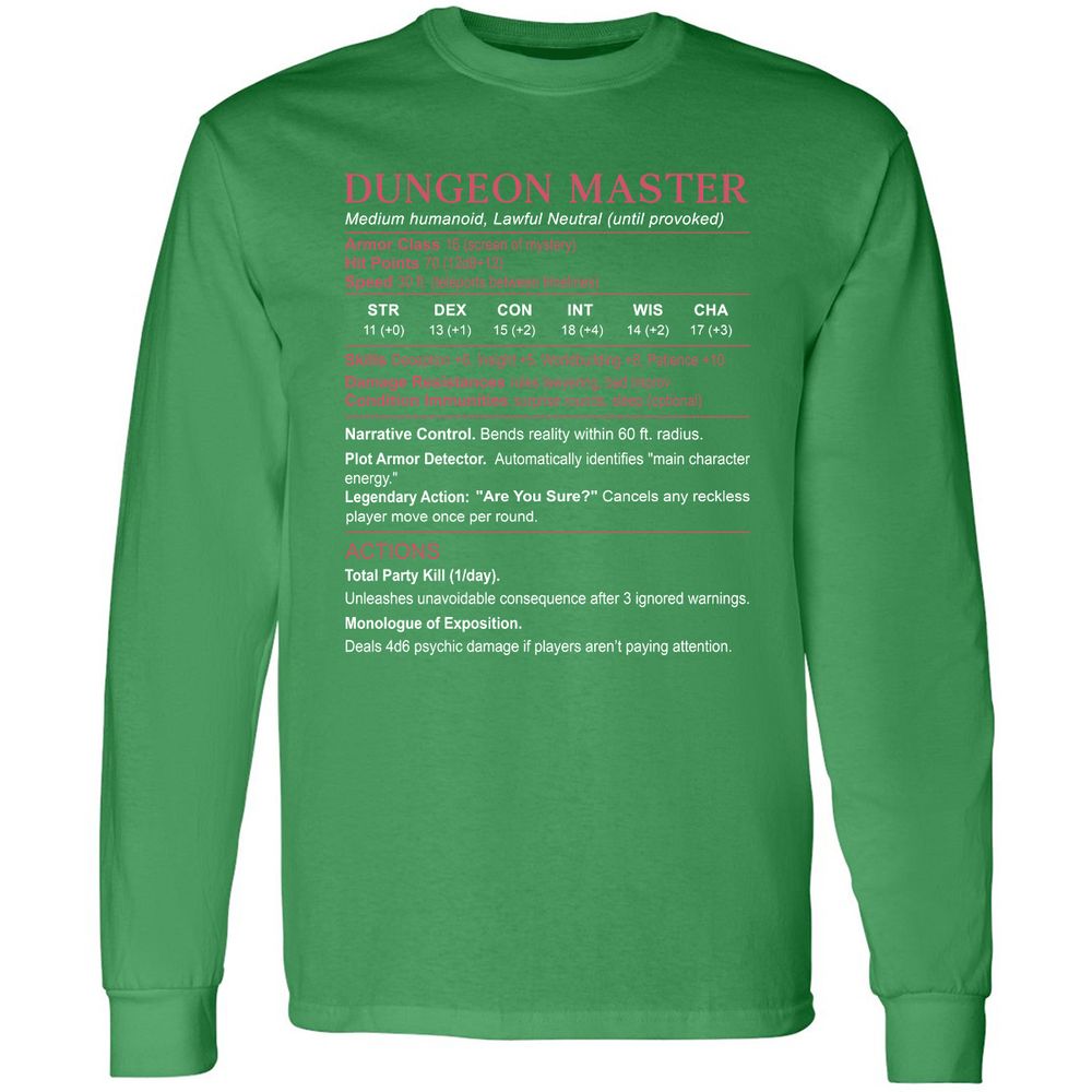 Dungeon Master Stats Long Sleeve T-Shirt - Irish Green - 10