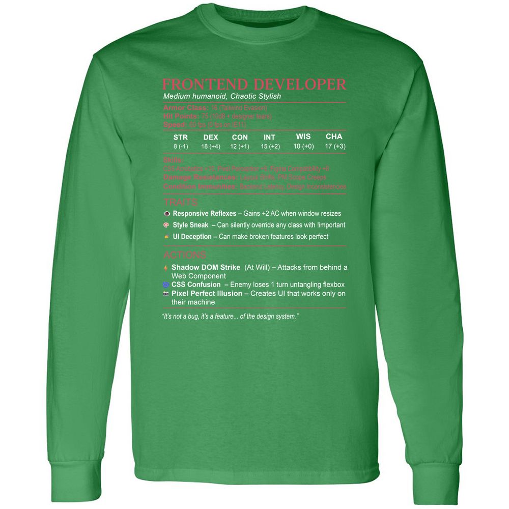 Frontend Developer Stats Long Sleeve T-Shirt - Irish Green - 10