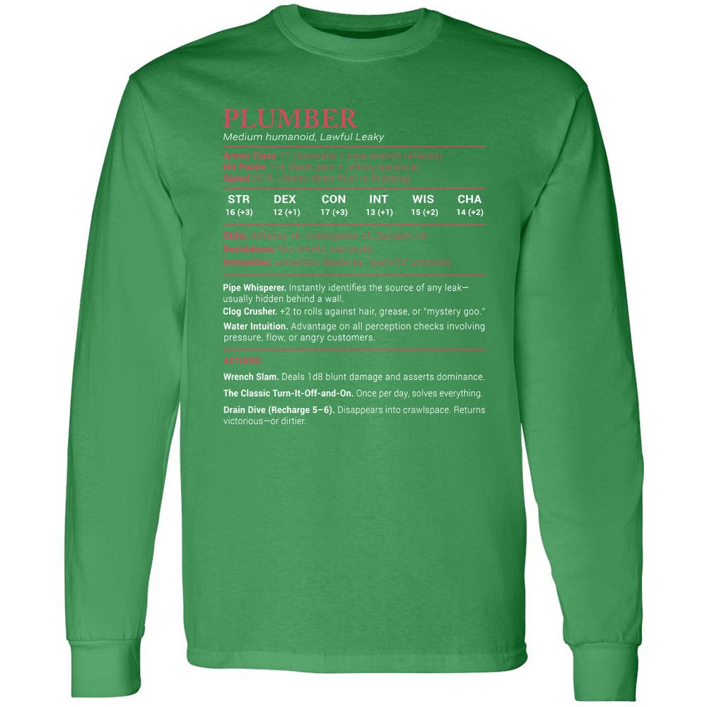 Plumber Stats Long Sleeve T-Shirt - Irish Green - 10