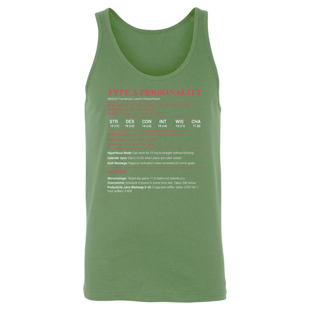 Type A Stats Unisex Jersey Tank - Leaf - 10