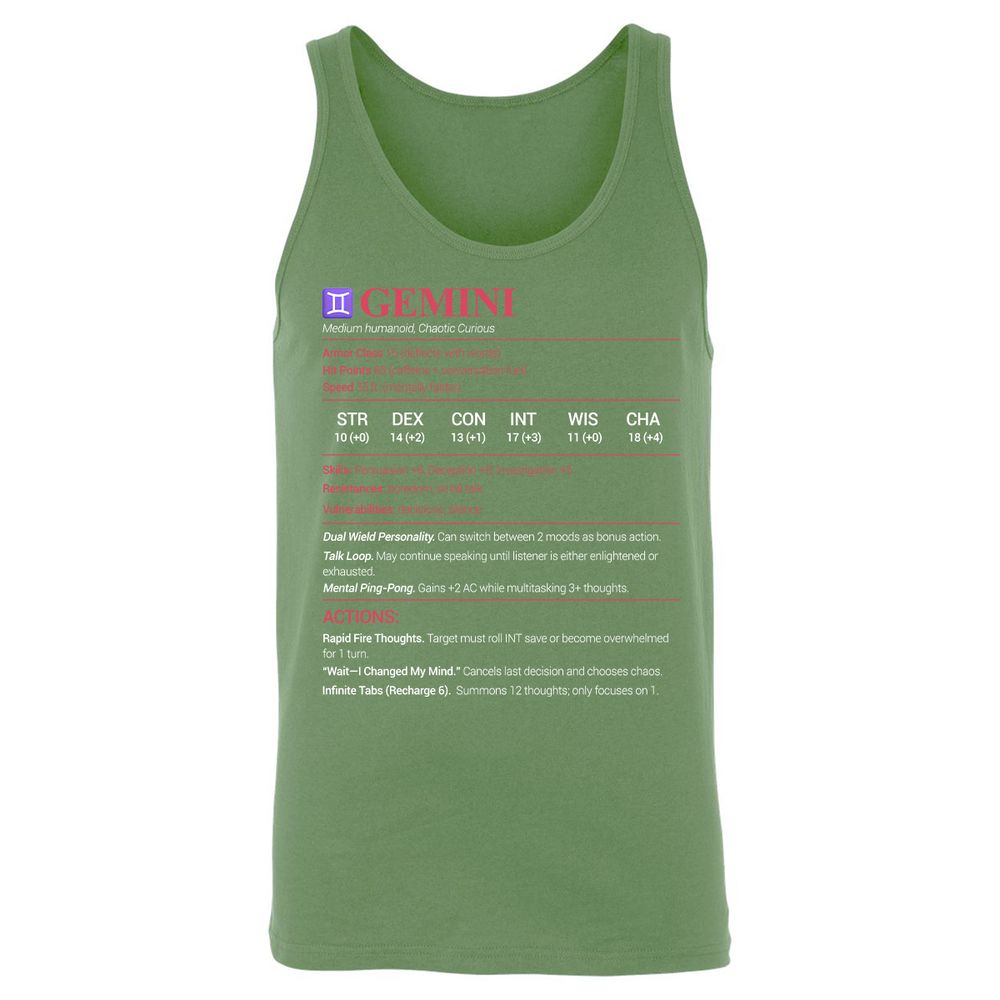 Gemini Stats Unisex Jersey Tank - Leaf - 10