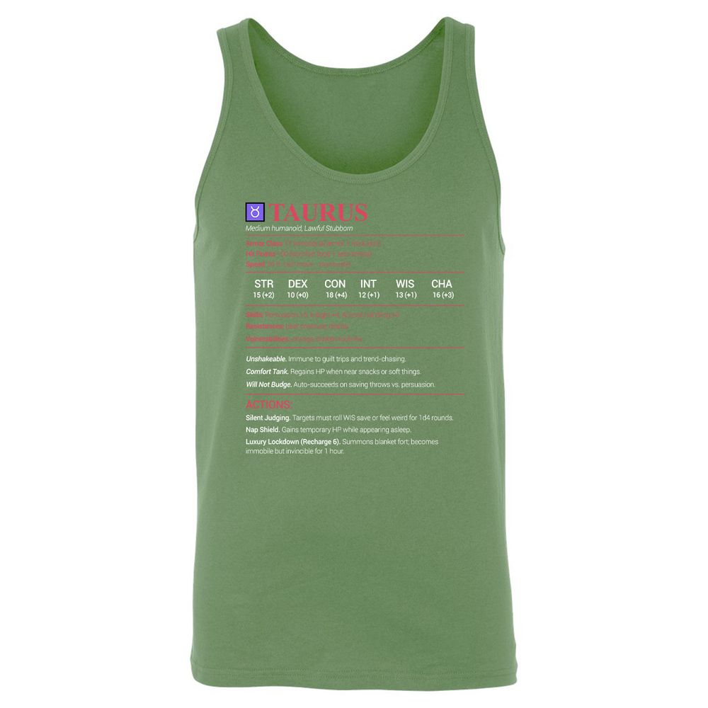 Taurus Stats Unisex Jersey Tank - Leaf - 10