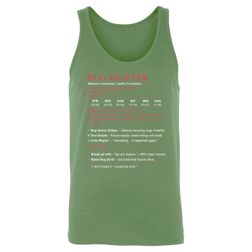 Tester Stats (Bug Hunter) Unisex Jersey Tank - Leaf - 10