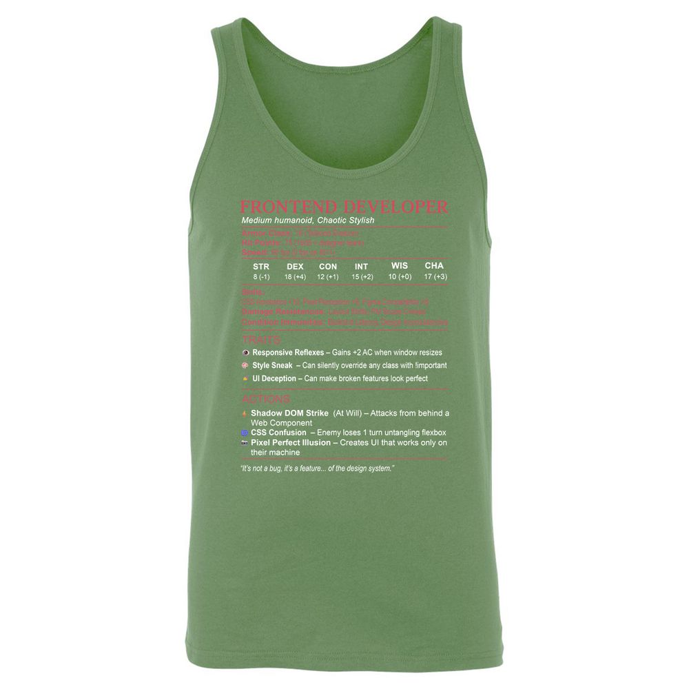 Frontend Developer Stats Unisex Jersey Tank - Leaf - 10