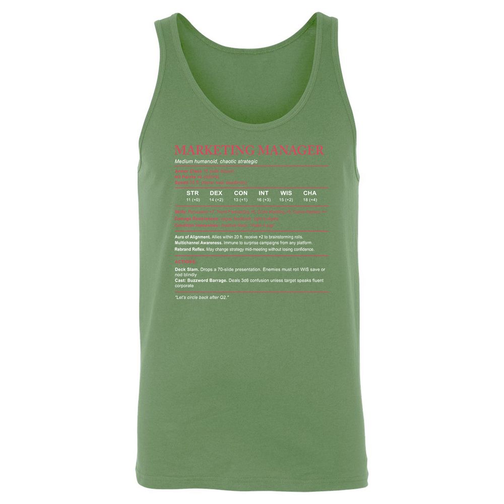 Marketing Manager Stats Unisex Jersey Tank - Leaf - 10