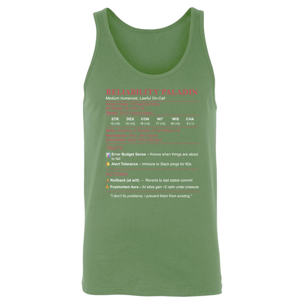 SRE Stats (Reliability Paladin) Unisex Jersey Tank - Leaf - 10
